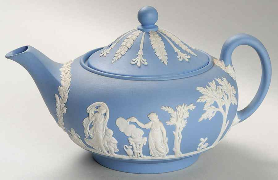 Cream Color on Lavender (Pale Blue) Jasperware Mini Teapot & Lid by Wedgwood-1