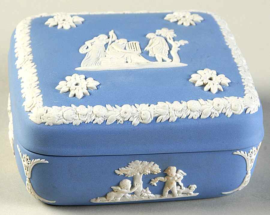 Cream Color on Lavender (Pale Blue) Jasperware Square Box with Lid by Wedgwood-1