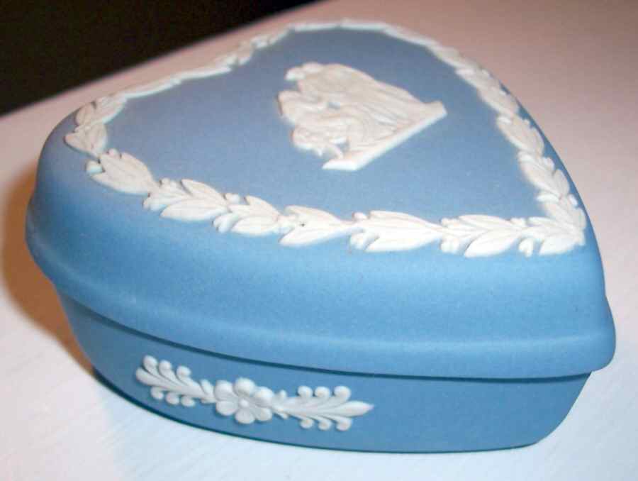 Cream Color on Lavender (Pale Blue) Jasperware 5" Heart Shape Box & Lid by Wedgwood-1