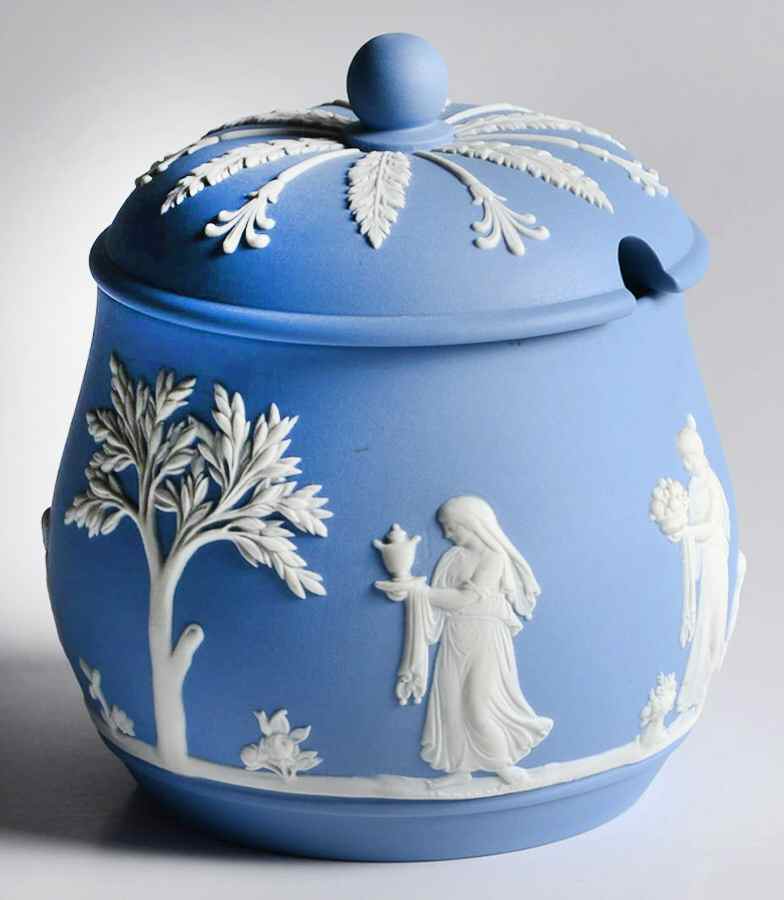 Cream Color on Lavender (Pale Blue) Jasperware Sugar Bowl & Lid by Wedgwood-1