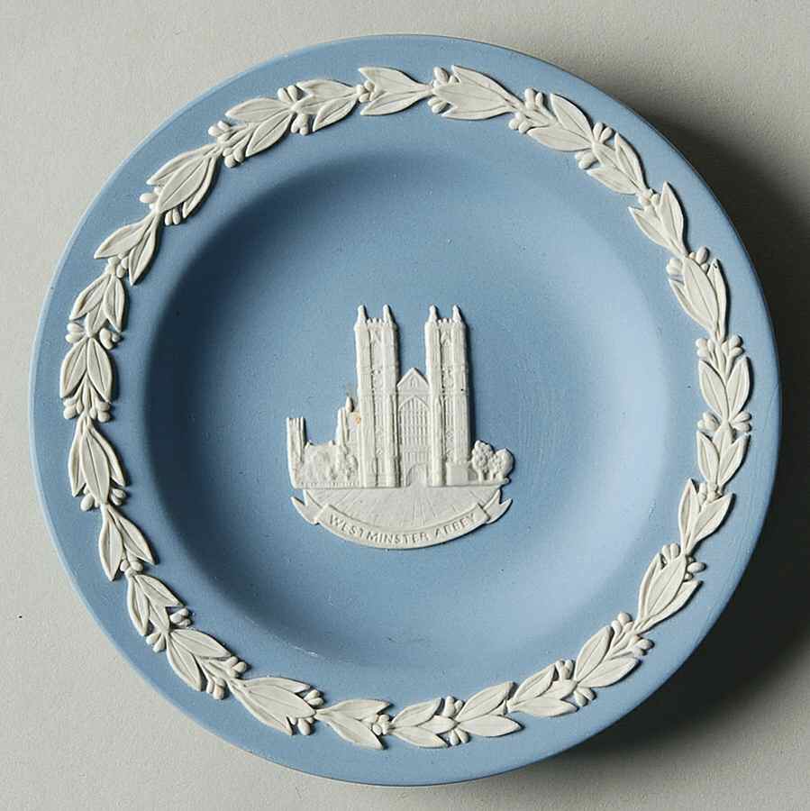 Cream Color on Lavender (Pale Blue) Jasperware Round Landmark Tray by Wedgwood-1