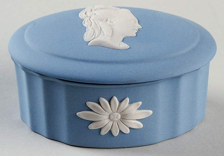 Cream Color on Lavender (Pale Blue) Jasperware 3" Oval Box with Lid by Wedgwood-1