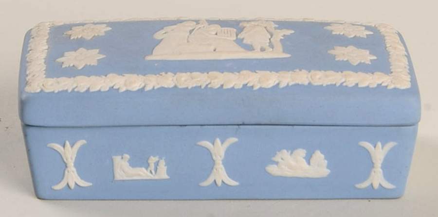 Cream Color on Lavender (Pale Blue) Jasperware 3" Rectangular Box & Lid by Wedgwood-1