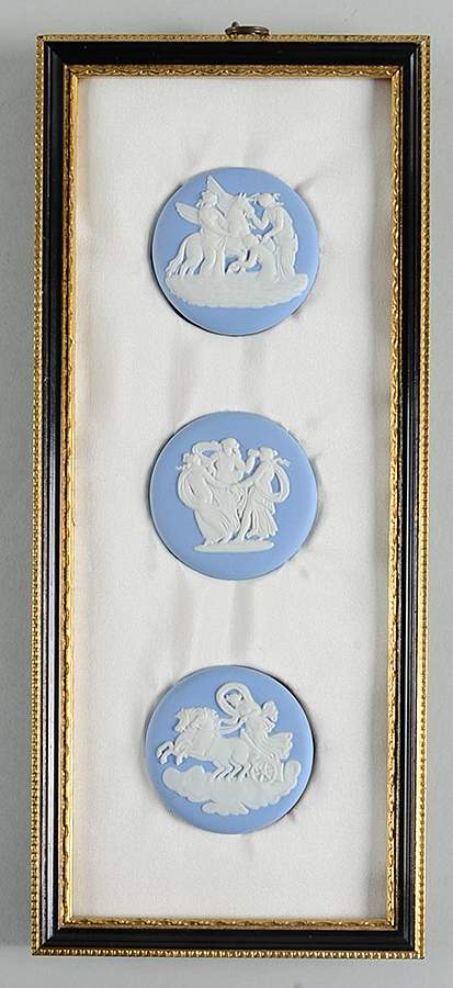 Cream Color on Lavender (Pale Blue) Jasperware Triple Plaque w/Wood Frame by Wedgwood-1