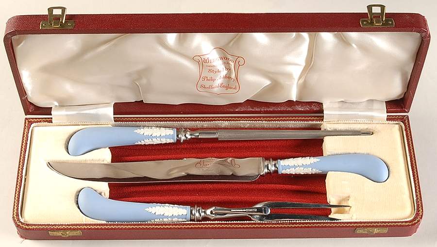 Cream Color on Lavender (Pale Blue) Jasperware Carving Set-Three Piece by Wedgwood-1