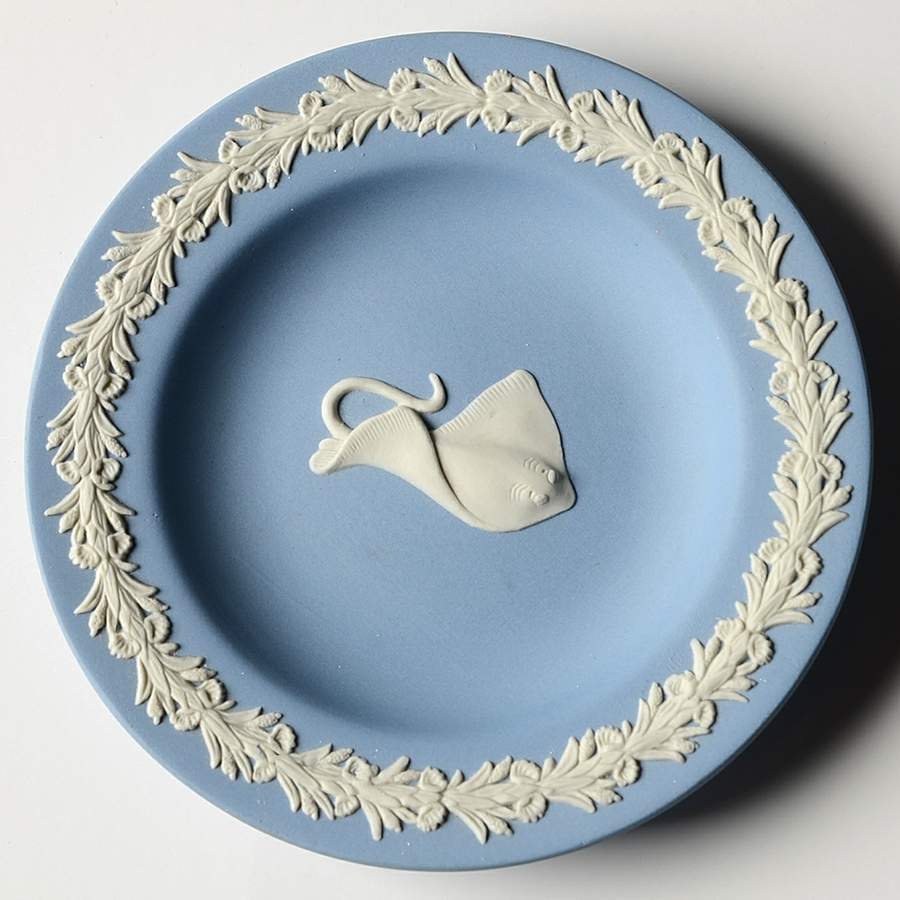 Cream Color on Lavender (Pale Blue) Jasperware Round Animal Tray by Wedgwood-1