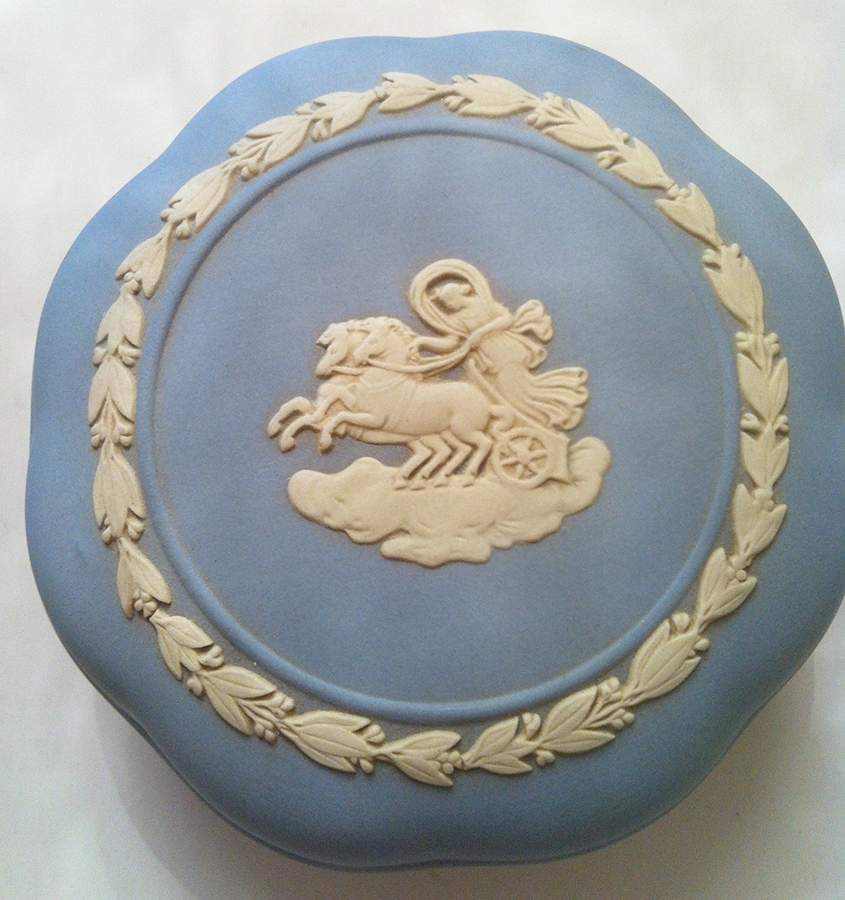 Cream Color on Lavender (Pale Blue) Jasperware Large Scalloped Candy Box & Lid by Wedgwood-1