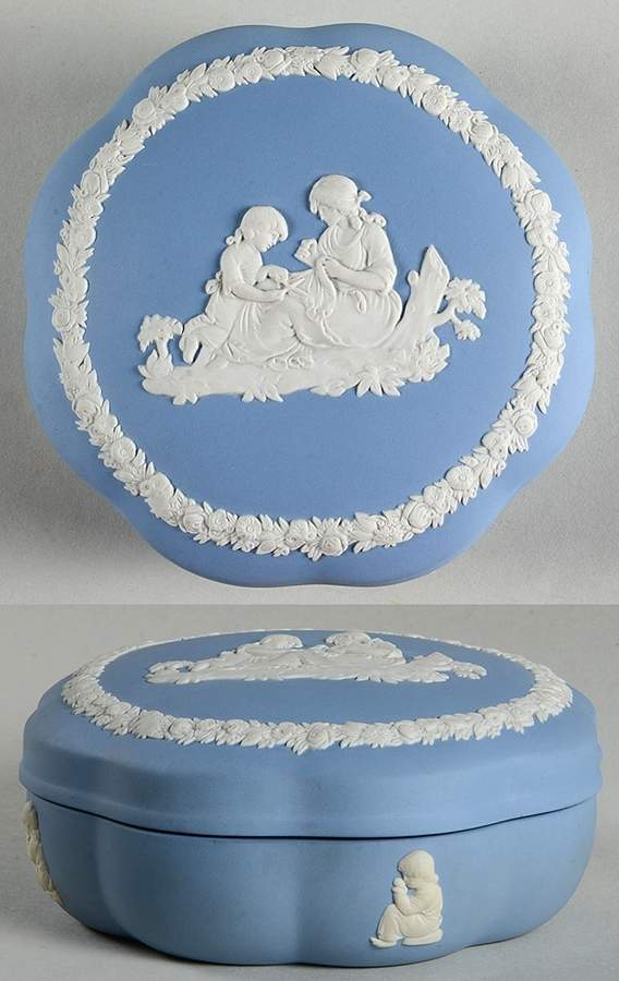 Cream Color on Lavender (Pale Blue) Jasperware Large Scalloped Candy Box & Lid by Wedgwood-1