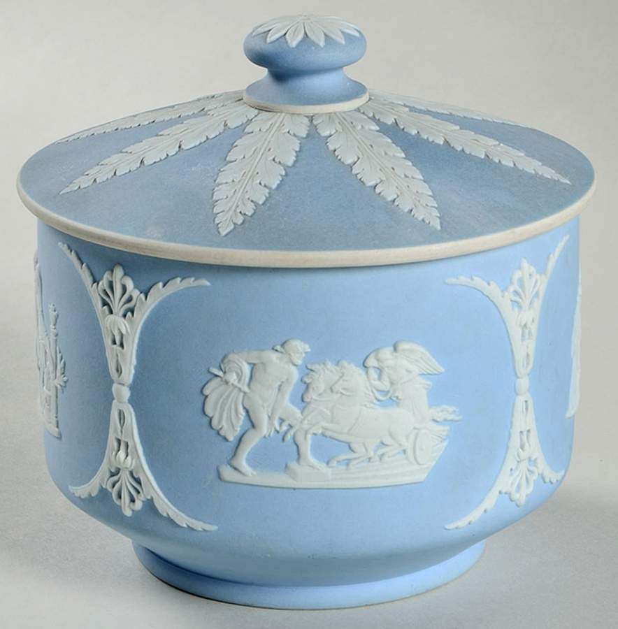 Cream Color on Lavender (Pale Blue) Jasperware 4" Round Bon Bon & Lid by Wedgwood-1