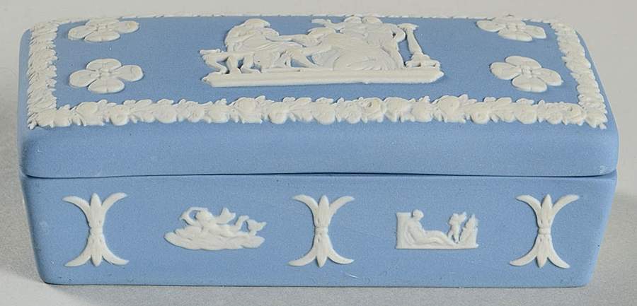 Cream Color on Lavender (Pale Blue) Jasperware 3" Rectangular Box & Lid by Wedgwood-1