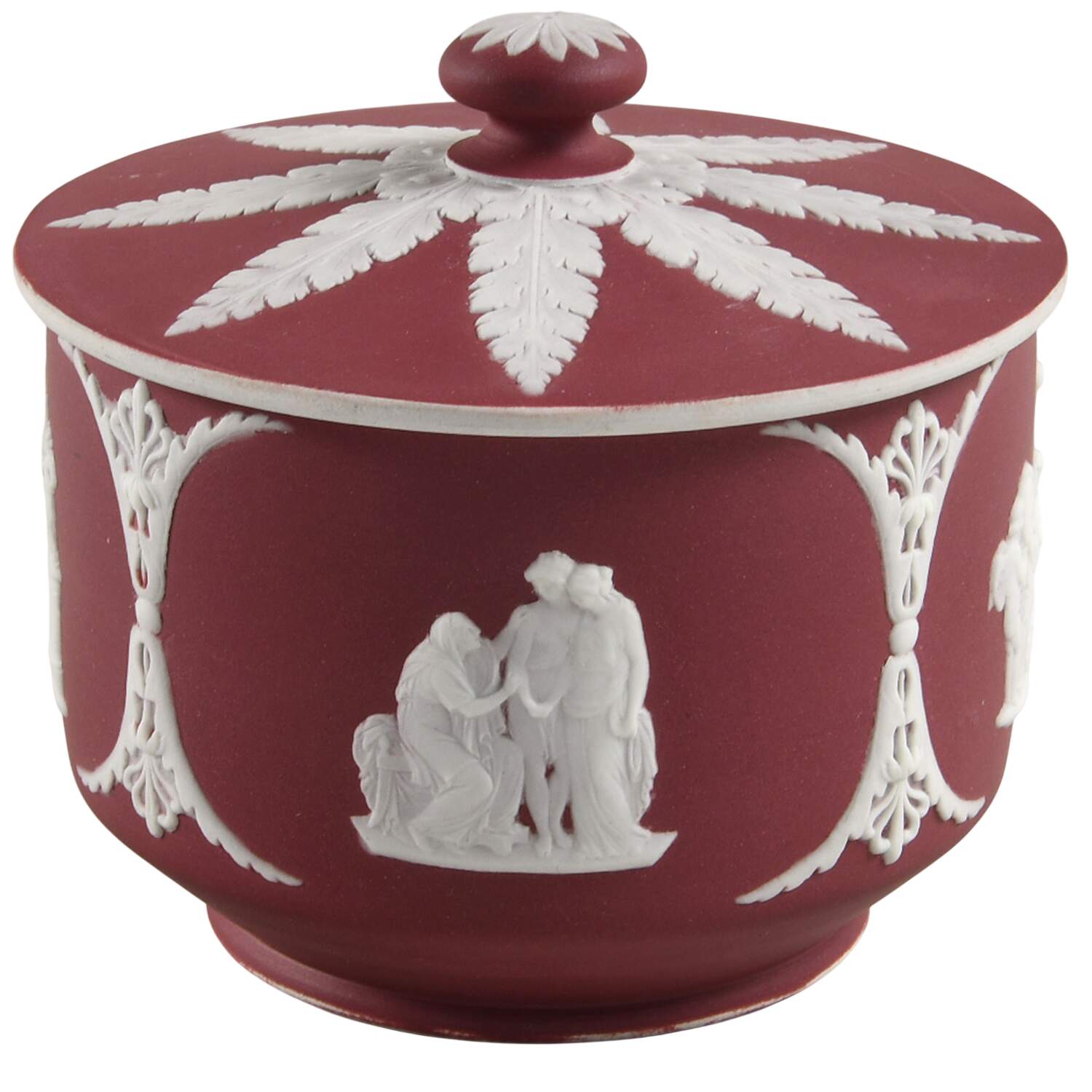 Cream Color on Crimson Jasperware 4" Round Bon Bon & Lid by Wedgwood-1