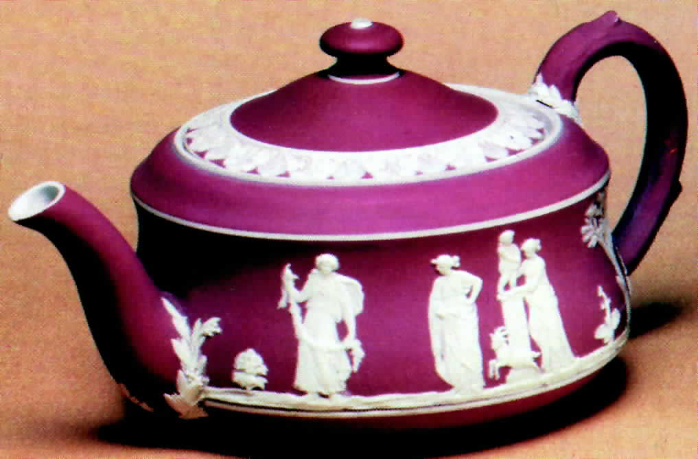 Cream Color on Crimson Jasperware Teapot & Lid by Wedgwood-1