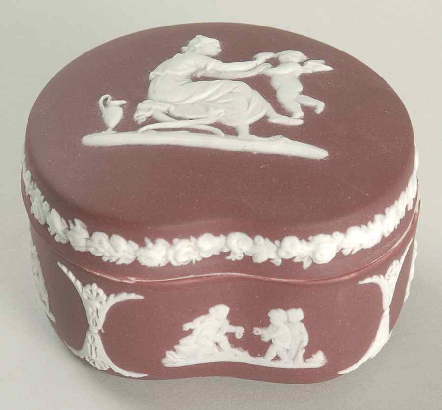 Cream Color on Crimson Jasperware Bean Box & Lid by Wedgwood-1