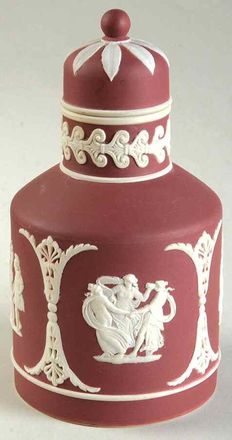 Cream Color on Crimson Jasperware Teapoy & Lid by Wedgwood-1