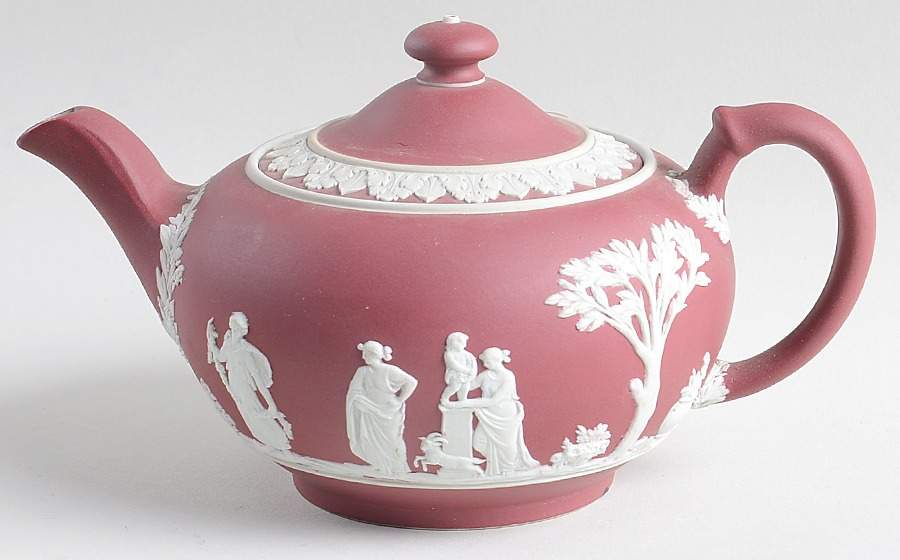 Cream Color on Crimson Jasperware Mini Teapot & Lid by Wedgwood-1