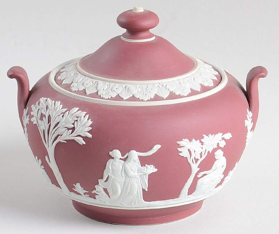 Cream Color on Crimson Jasperware Sugar Bowl & Lid by Wedgwood-1