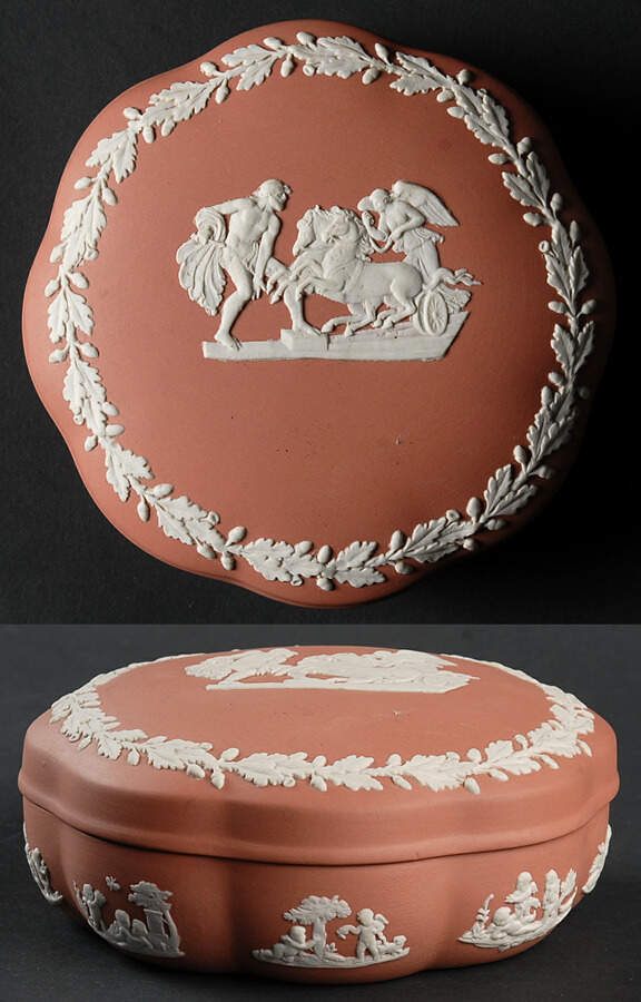 Cream Color on Terra Cotta Jasperware Large Scalloped Candy Box & Lid by Wedgwood-1