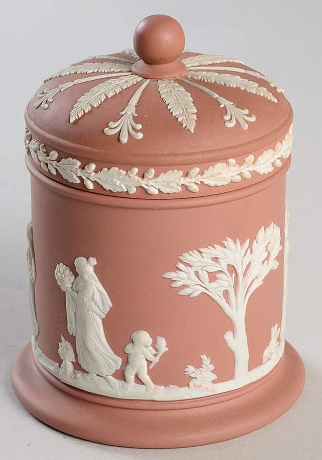 Cream Color on Terra Cotta Jasperware Cigarette Jar & Lid by Wedgwood-1