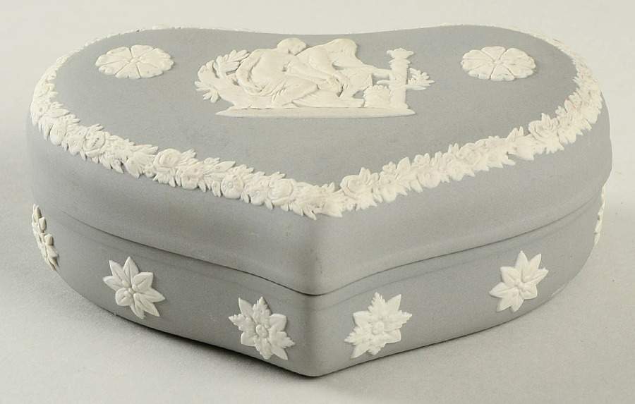 Cream Color on Grey Jasperware 5" Heart Shape Box & Lid by Wedgwood-1