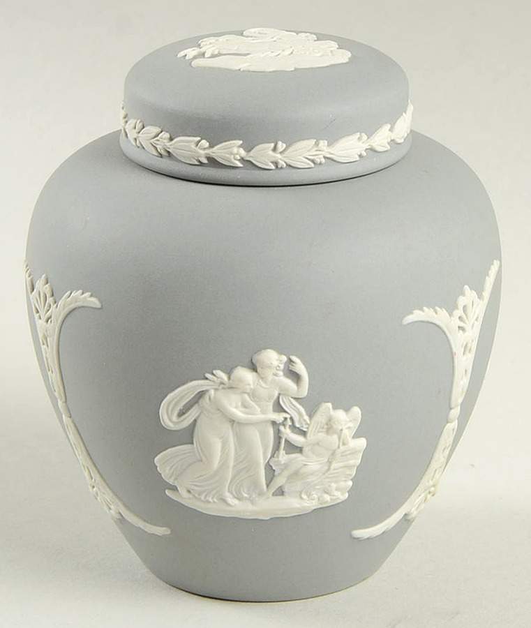 Cream Color on Grey Jasperware Small Ginger Jar & Lid by Wedgwood-1