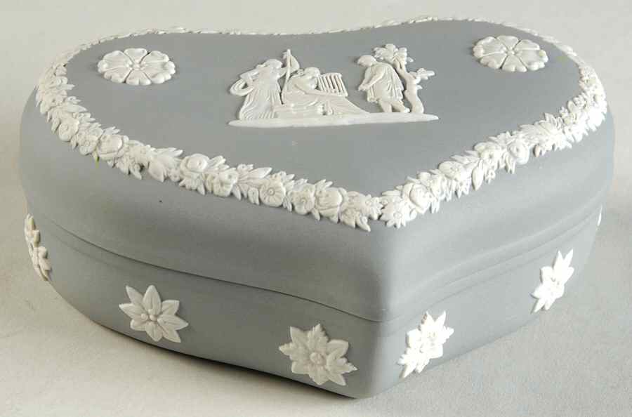 Cream Color on Grey Jasperware 5" Heart Shape Box & Lid by Wedgwood-1