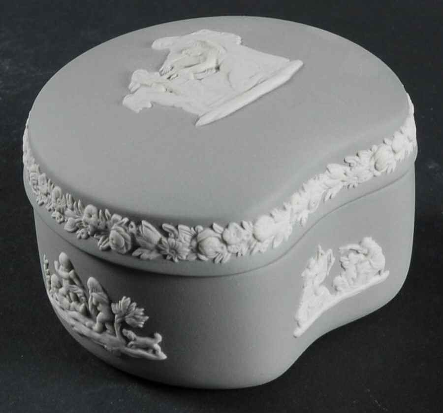 Cream Color on Grey Jasperware Bean Box & Lid by Wedgwood-1