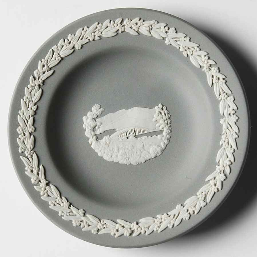 Cream Color on Grey Jasperware Round Landmark Tray by Wedgwood-1