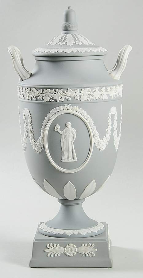 Cream Color on Grey Jasperware 12" Vase/Urn & Llid by Wedgwood-1
