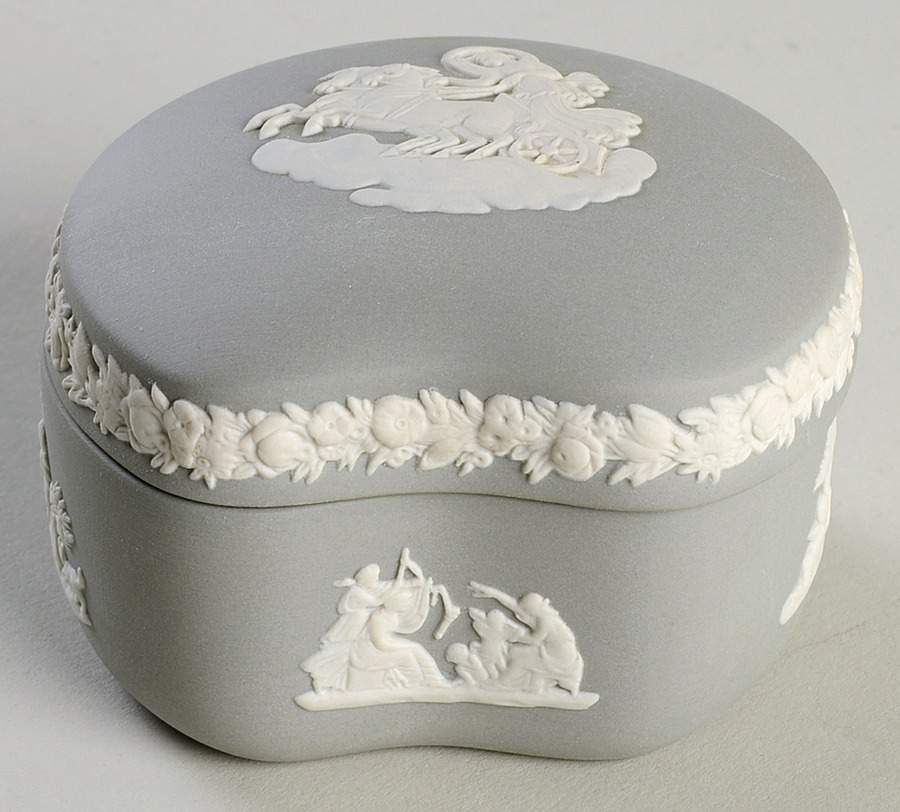Cream Color on Grey Jasperware Bean Box & Lid by Wedgwood-1
