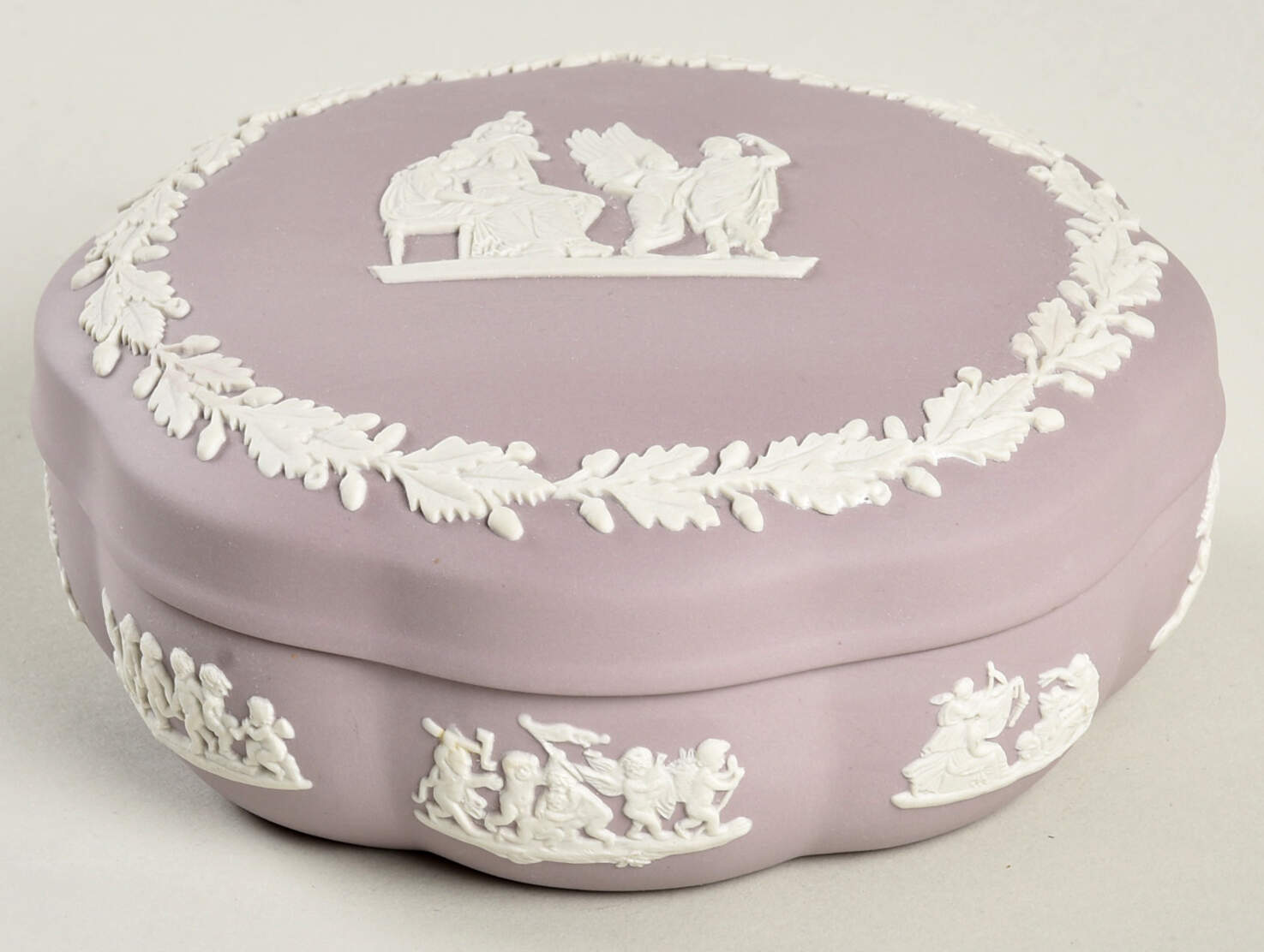 Cream Color on Lilac Jasperware Large Scalloped Candy Box & Lid by Wedgwood-1