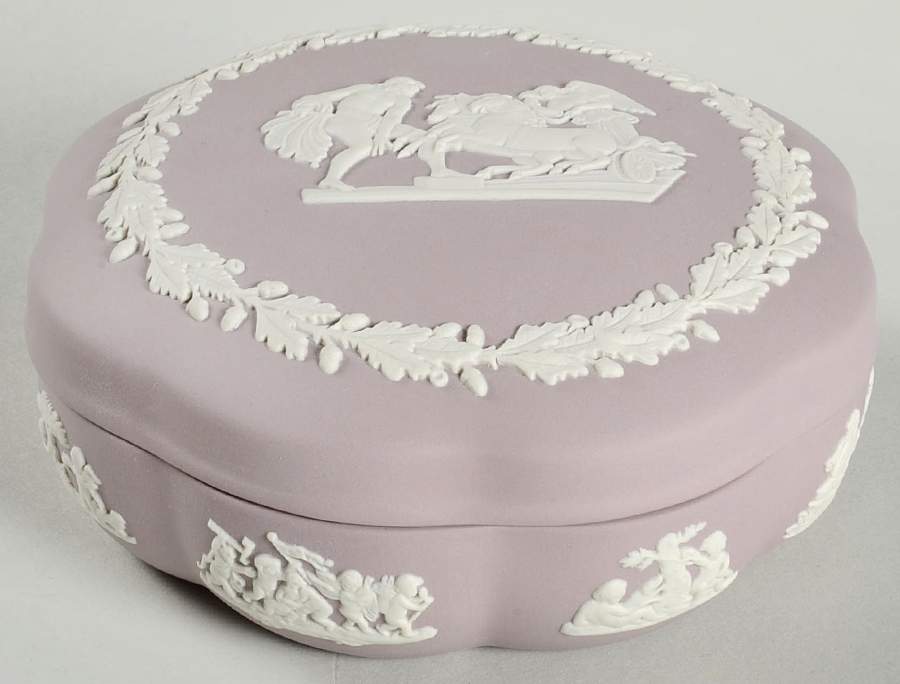 Cream Color on Lilac Jasperware Large Scalloped Candy Box & Lid by Wedgwood-1