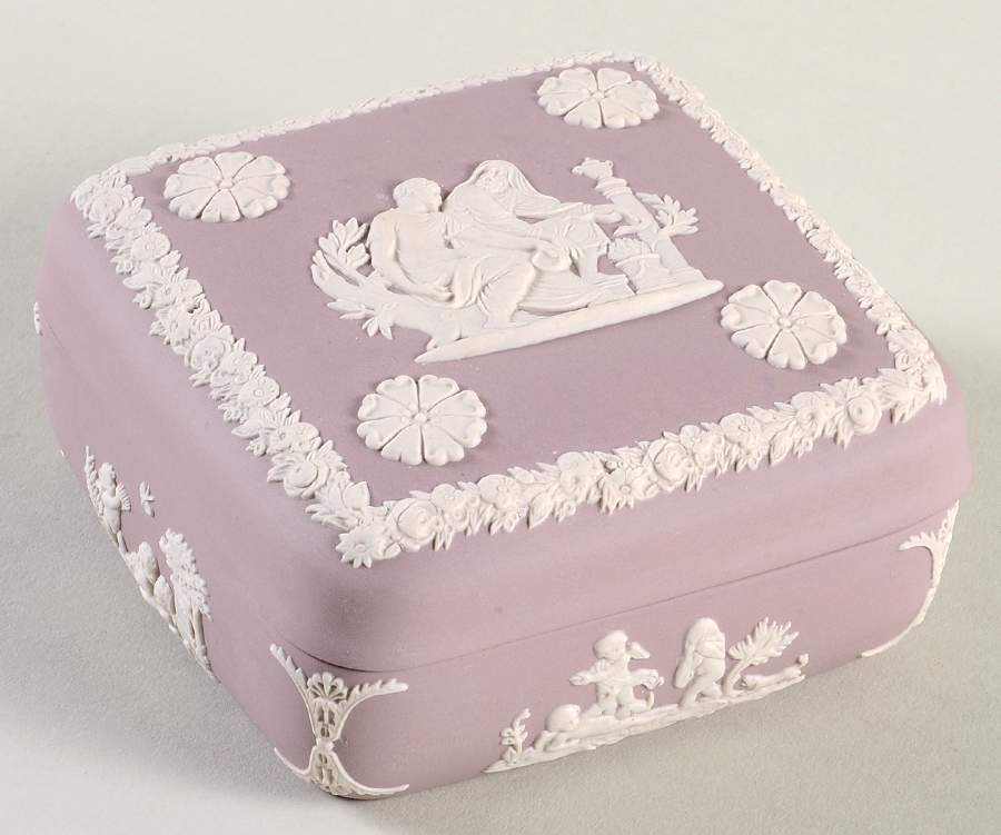Cream Color on Lilac Jasperware Square Box with Lid by Wedgwood-1