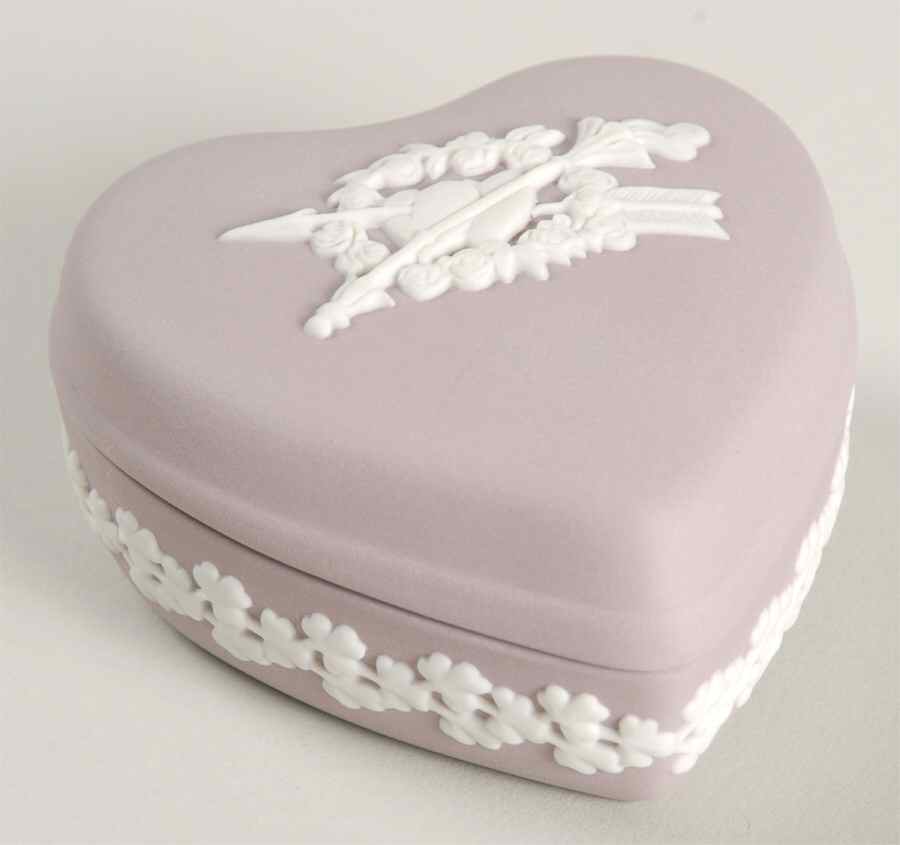 Cream Color on Lilac Jasperware Small Heart Shape Box & Lid by Wedgwood-1