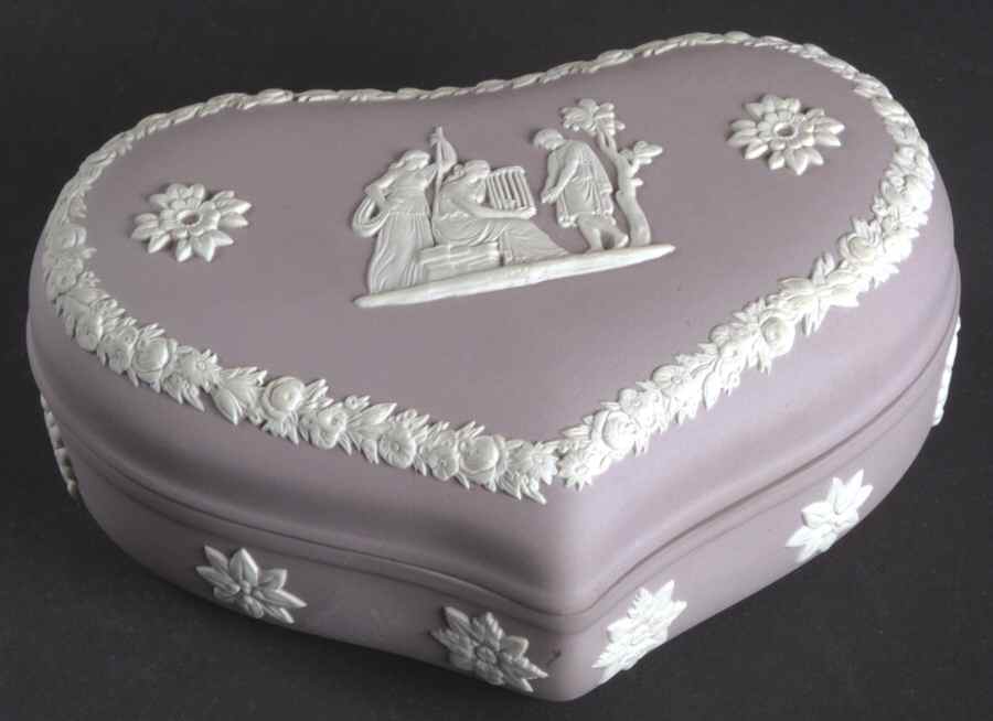 Cream Color on Lilac Jasperware 5" Heart Shape Box & Lid by Wedgwood-1
