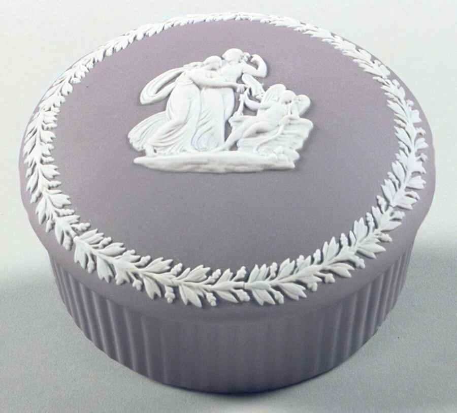 Cream Color on Lilac Jasperware 3" Round Fluted Box & Lid by Wedgwood-1