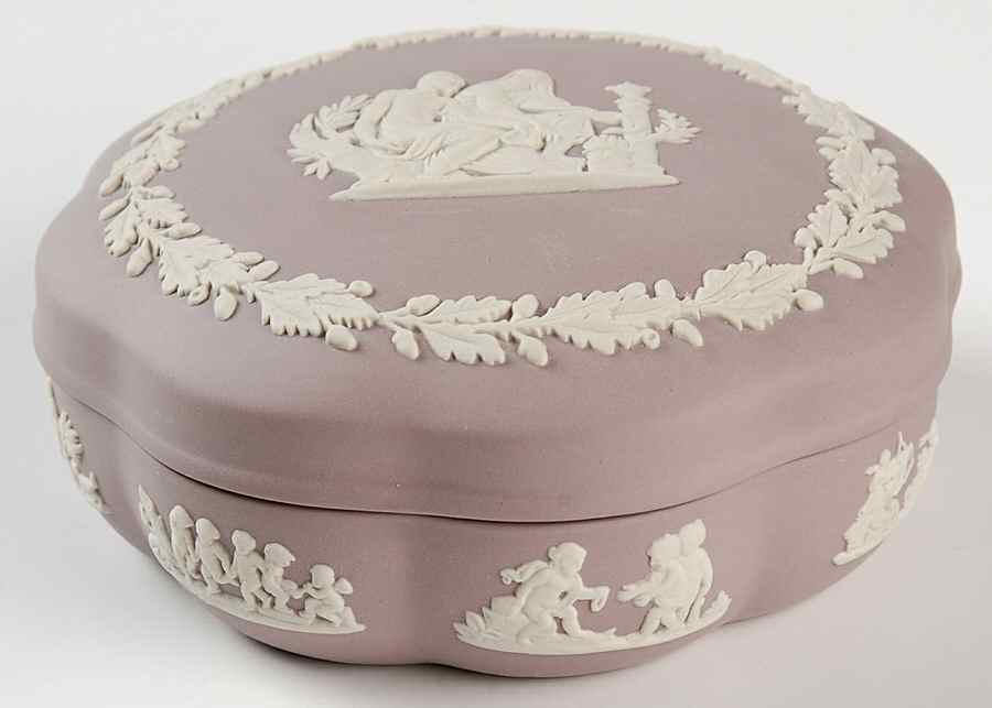 Cream Color on Lilac Jasperware Large Scalloped Candy Box & Lid by Wedgwood-1