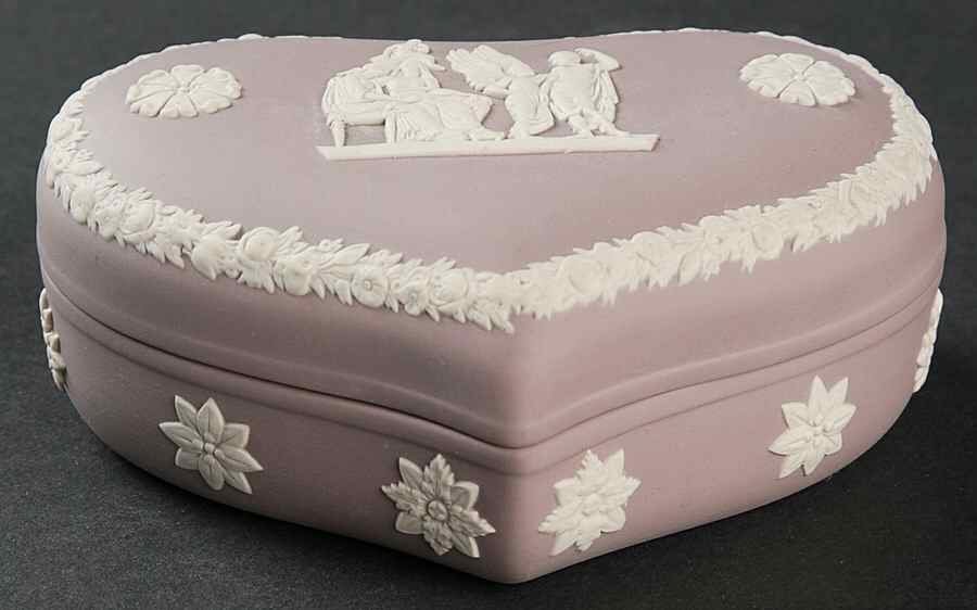 Cream Color on Lilac Jasperware 5" Heart Shape Box & Lid by Wedgwood-1