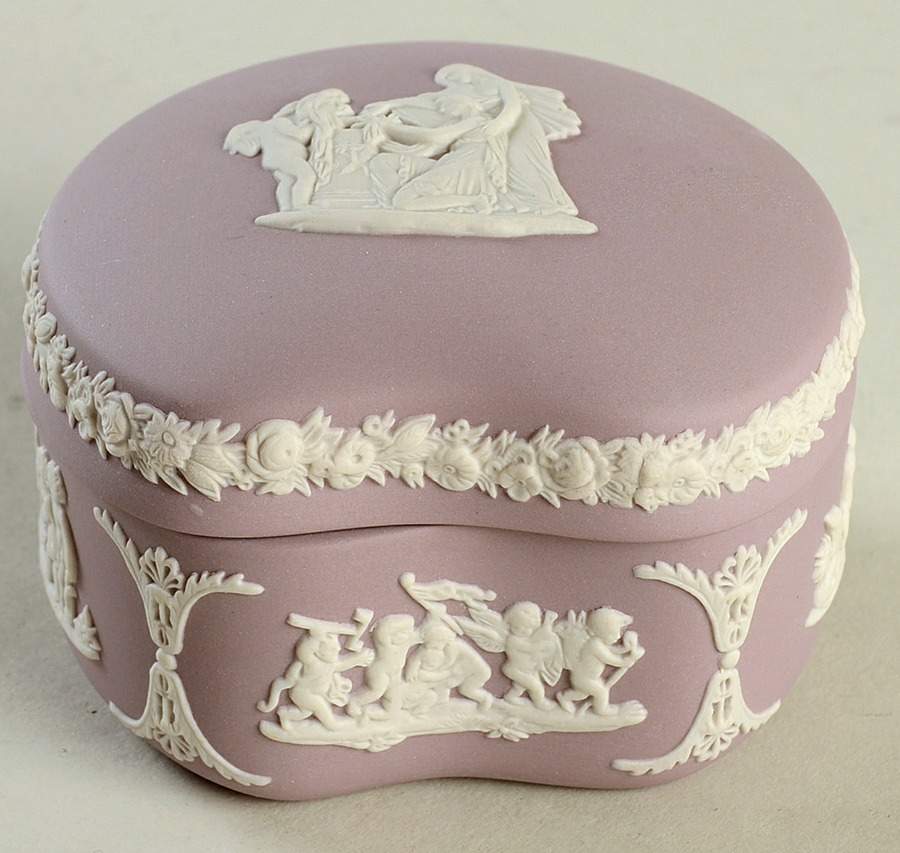 Cream Color on Lilac Jasperware Bean Box & Lid by Wedgwood-1