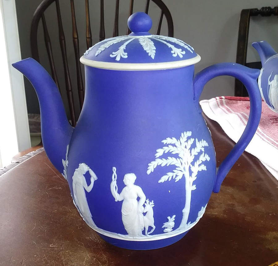 Cream Color on Portland Blue Jasperware Coffee Pot & Lid by Wedgwood-1