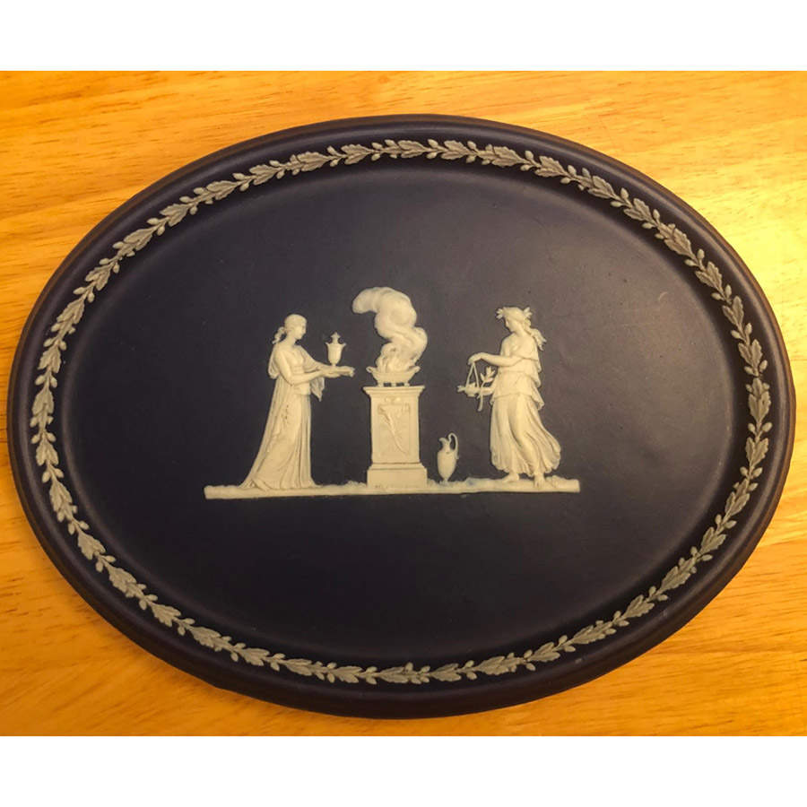 Cream Color on Portland Blue Jasperware 10" Oval Tray by Wedgwood-1