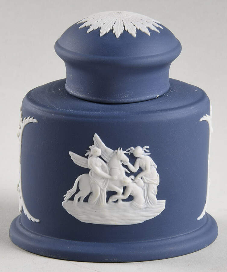 Cream Color on Portland Blue Jasperware Ink Pot with Lid by Wedgwood-1
