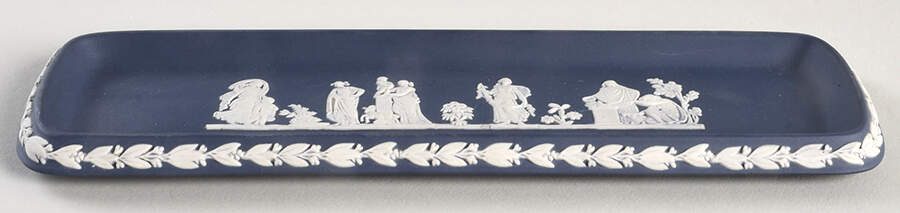 Cream Color on Portland Blue Jasperware 9" Oblong Tray by Wedgwood-1