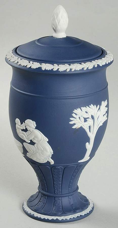 Cream Color on Portland Blue Jasperware Vase/Urn & Lid by Wedgwood-1