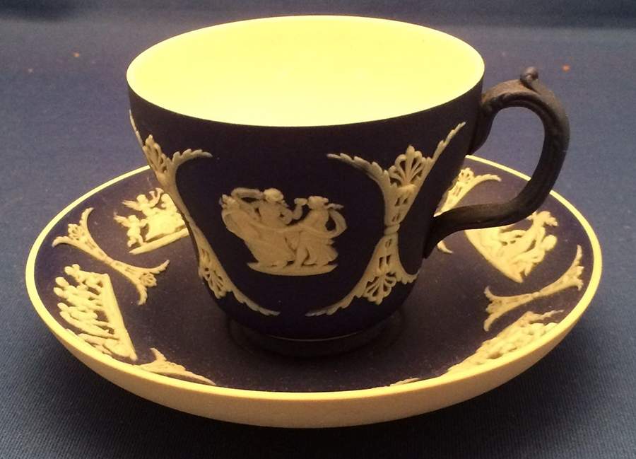 Cream Color on Portland Blue Jasperware Footed Cup & Saucer Set by Wedgwood-1