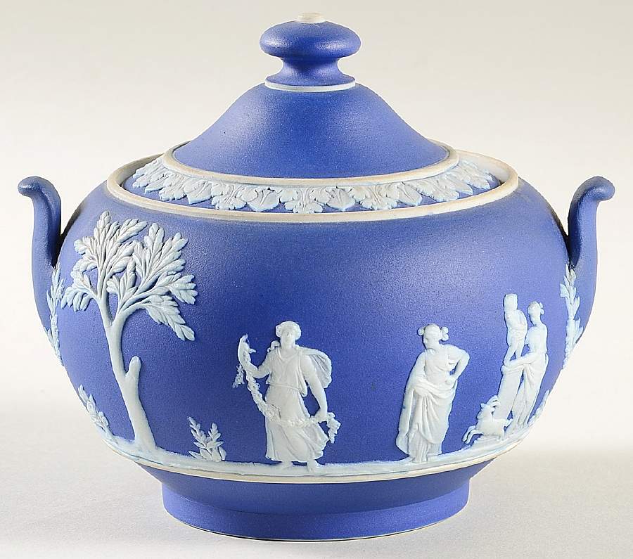 Cream Color on Portland Blue Jasperware Sugar Bowl & Lid by Wedgwood-1