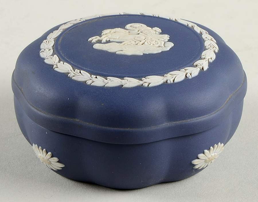 Cream Color on Portland Blue Jasperware Small Scalloped Candy Box by Wedgwood-1