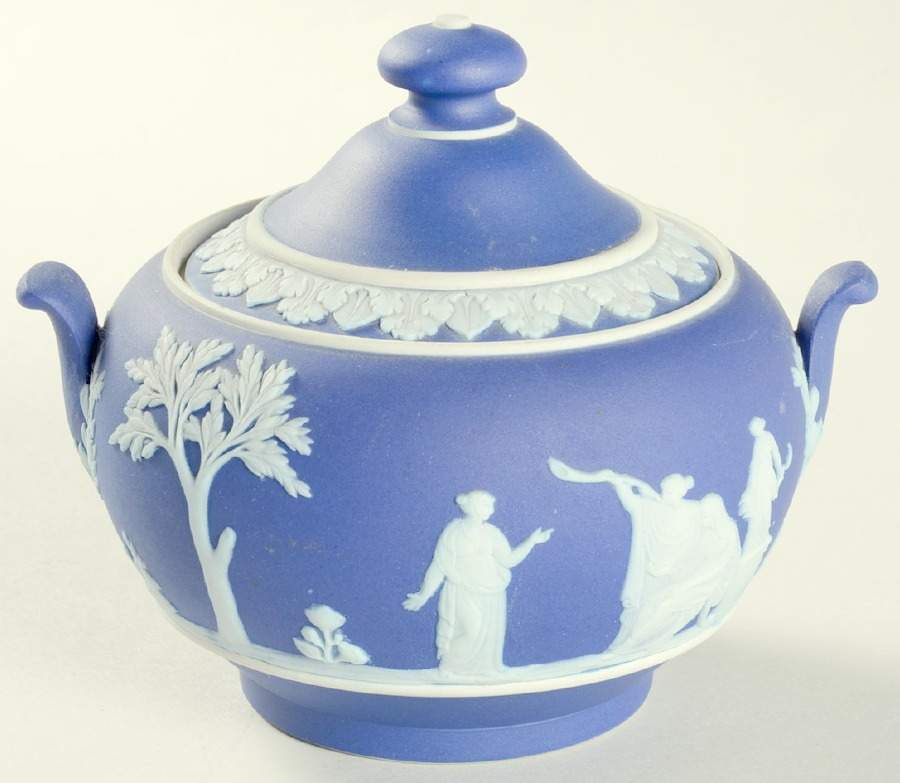 Cream Color on Portland Blue Jasperware Sugar Bowl & Lid by Wedgwood-1