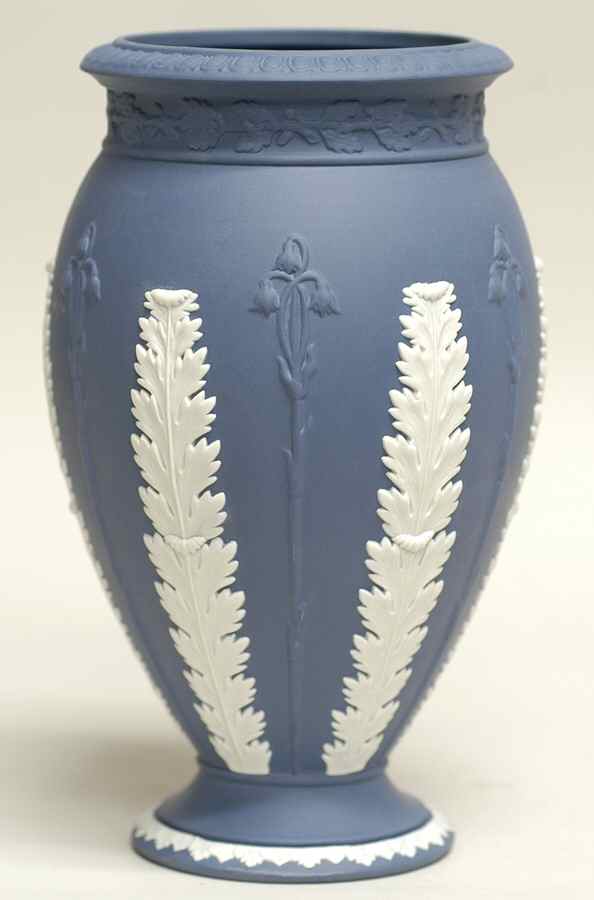 Cream Color on Portland Blue Jasperware Acanthus Vase by Wedgwood-1