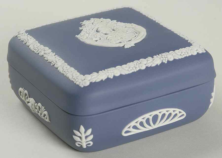 Cream Color on Portland Blue Jasperware Square Box with Lid by Wedgwood-1