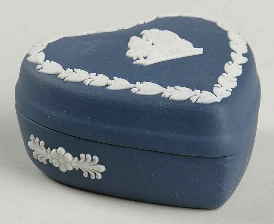 Cream Color on Portland Blue Jasperware Small Heart Shape Box & Lid by Wedgwood-1